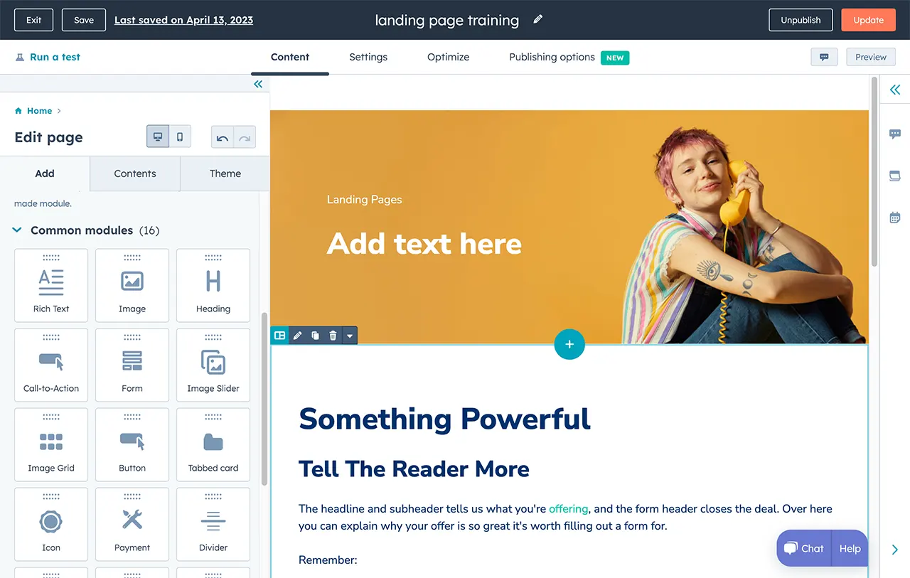 HubSpot interface showing drag-and-drop website builder