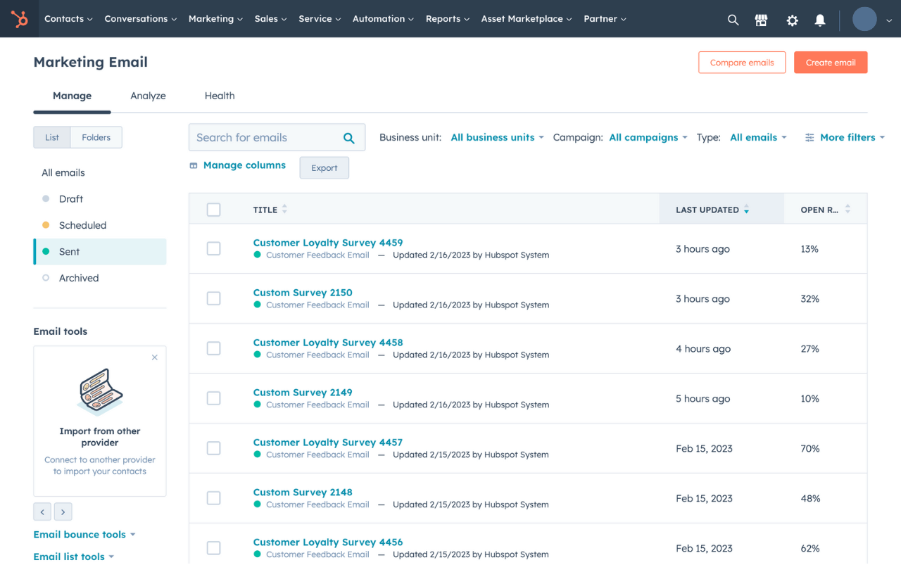 Marketing email deliverability dashboard.