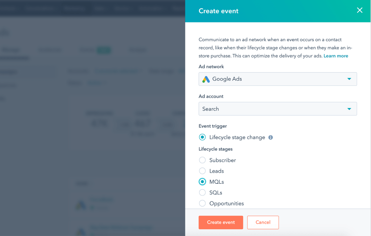 HubSpot ads software interface showing ability to create an event