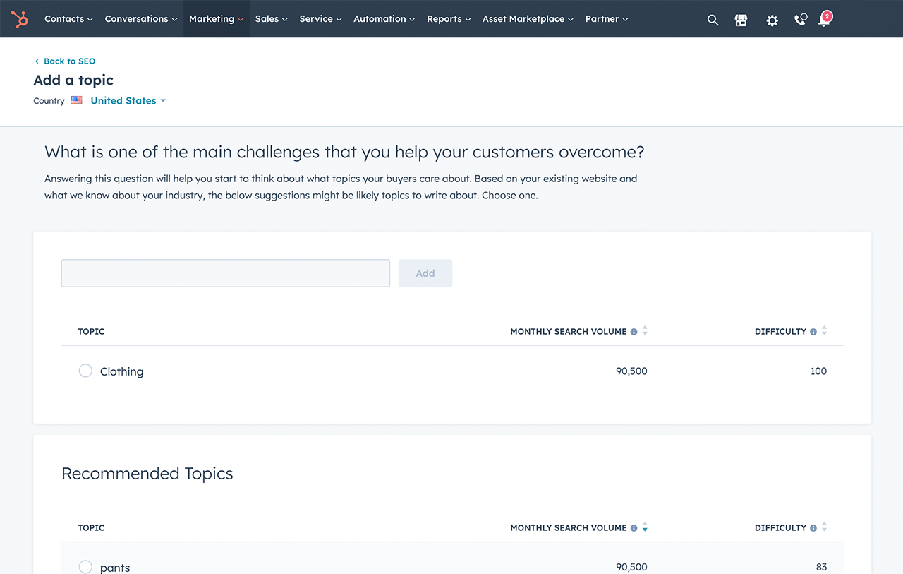 HubSpot SEO software interface showing topic recommendations