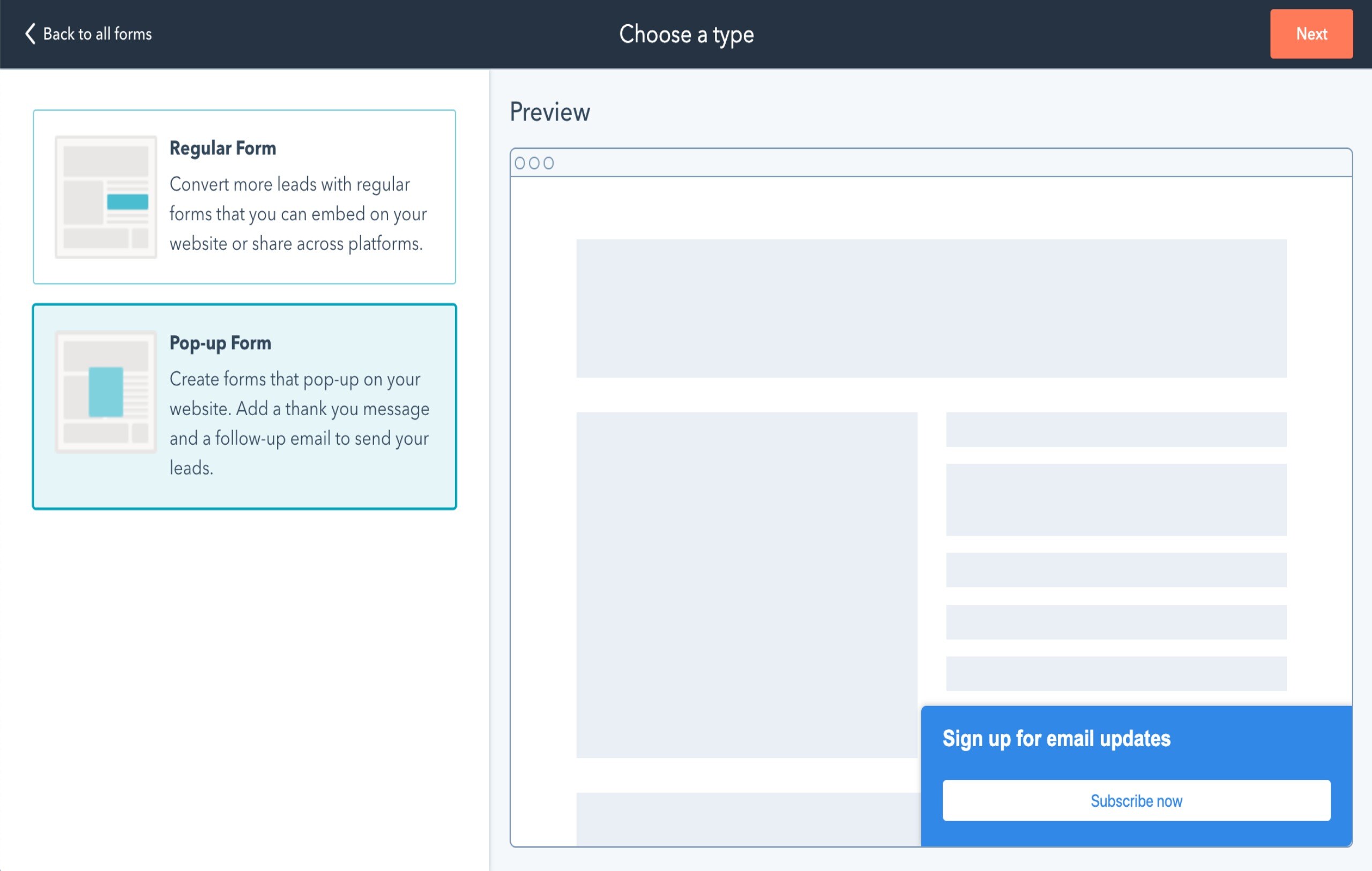 screenshot exit intent form types, including regular or pop-up