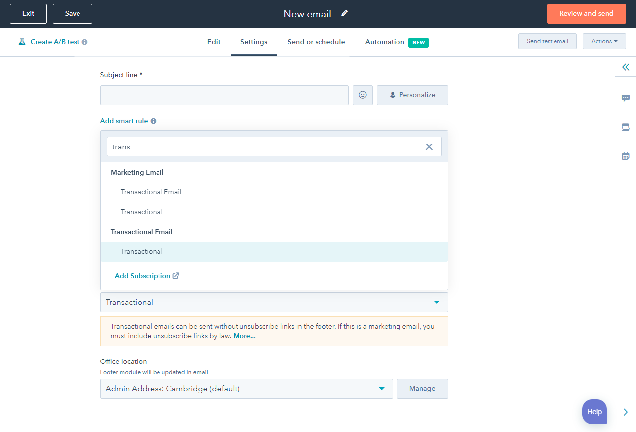 Screenshot of menu build a transactional email workflow