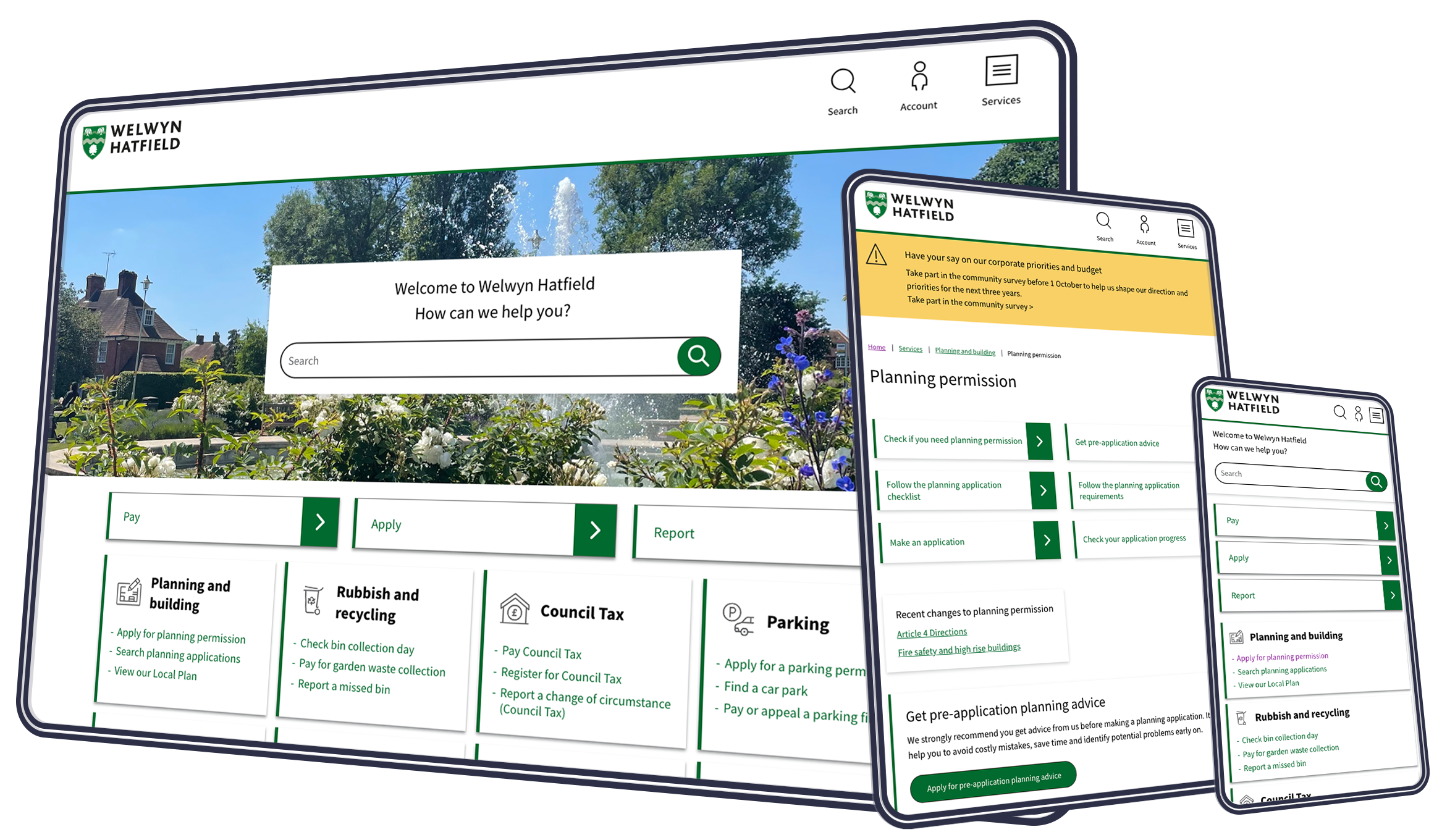 Welwyn Hatfield Council&#039;s website, being displayed on a tablet and mobile device.
