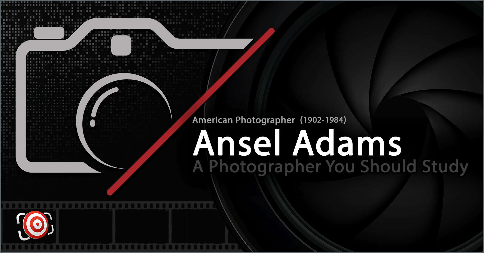 Tribute graphic to Ansel Adams, highlighting him as an influential American photographer worth studying.