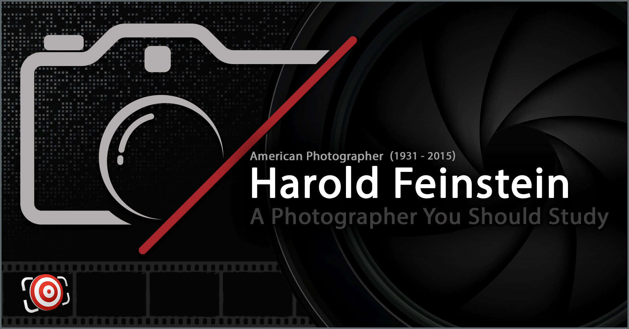 Graphic promoting Harold Feinstein, highlighting his status as an influential American photographer from 1931-2015 with a camera icon and text overlay.