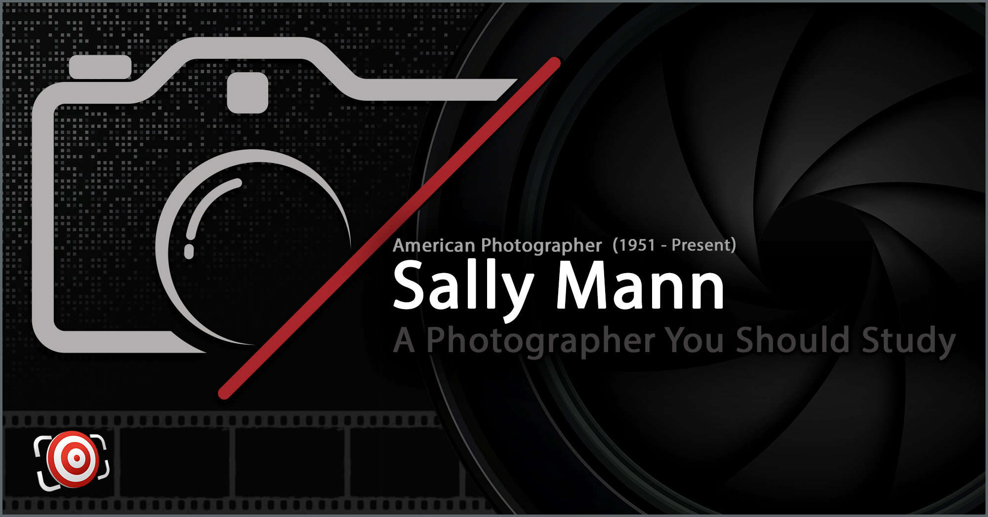 Graphic banner suggesting Gregory Heisler as an American photographer worth studying, featuring camera and lens imagery with a striking red line.