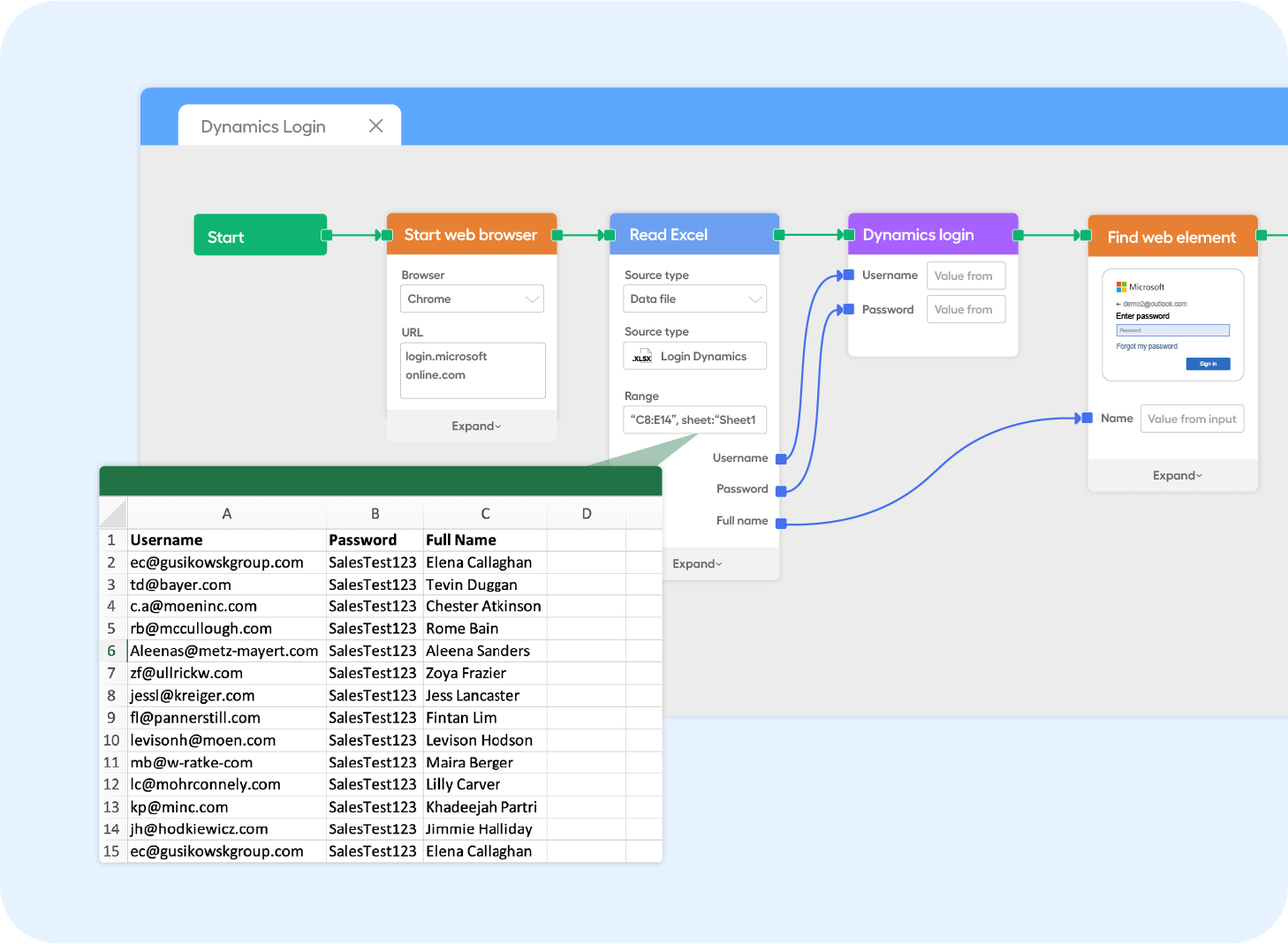 Leapwork test automation being used to drive data from external sources