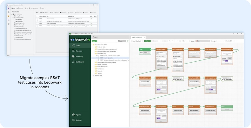 Screenshot of an RSAT code window and one of Leapwork's much more friendly visual interface