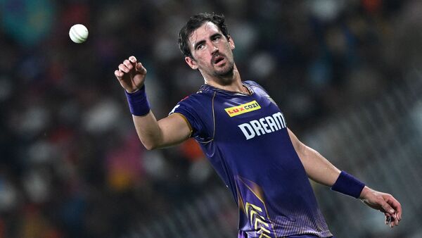 Kolkata Knight Riders' Mitchell Starc prepares to bowl during the Indian Premier League (IPL) Twenty20 final cricket match between Sunrisers Hyderabad and Kolkata Knight Riders at the MA Chidambaram Stadium in Chennai on May 26, 2024. (Photo by R.Satish BABU / AFP) 