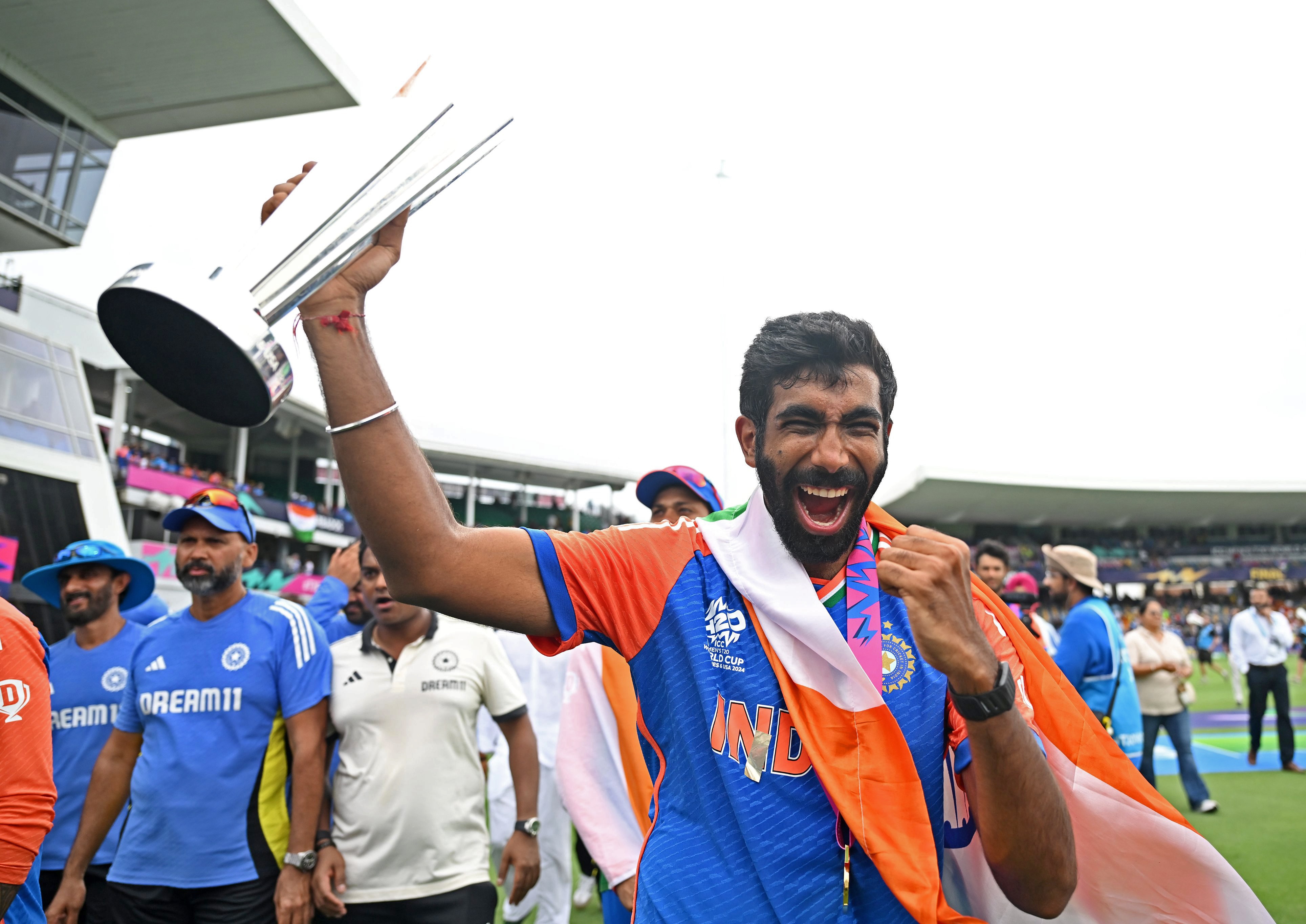 Jasprit Bumrah poses with the World Cup trophy after a brilliant spell of bowling during the final clash on Friday. (BCCI-X)