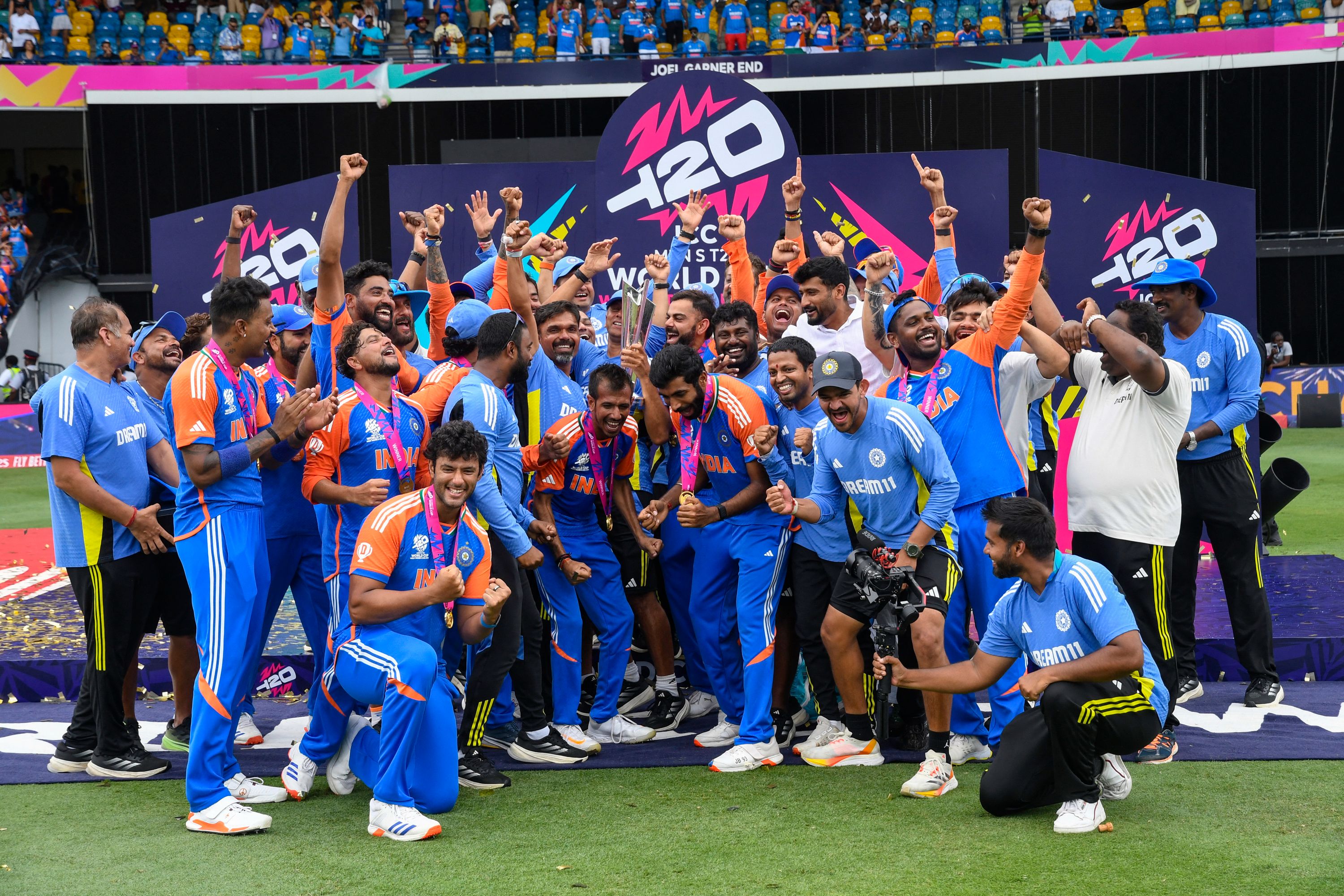 Team India celebrating after getting their hands on the World Cup trophy. (AFP)