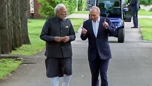 Prime Minister Narendra Modi meets Russian President Vladimir Putin at the Novo-Ogaryovo residence of the President of Russia near Moscow on Monday.