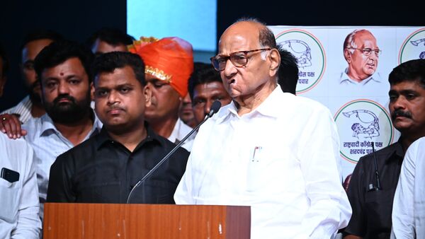 NCP(SP) leader Sharad Pawar addressing party workers during a function in Mumbai.