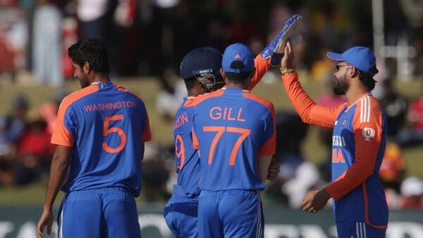 India cricketers celebrate a wicket during the third T20 match between Zimbabwe and India, at the Harare Sports Club, in Harare, Wednesday, July 10, 2024.