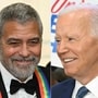 (COMBO) This combination of file pictures created on July 10, 2024 shows, US actor George Clooney (L) in the East Room of the White House in Washington, DC, on December 4, 2022; and US President Joe Biden meeting union members in Washington, DC, on July 10, 2024. (Photo by SAUL LOEB / AFP) (SAUL LOEB / AFP)