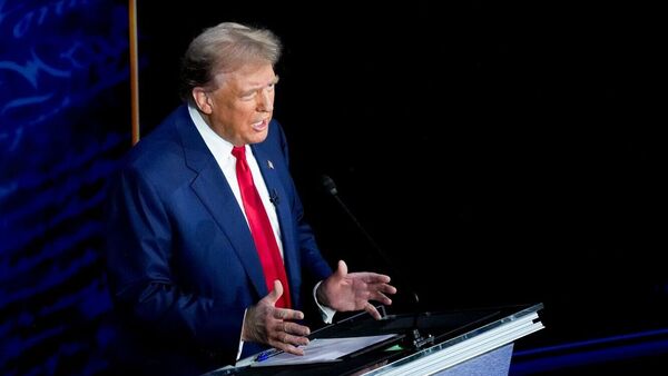 Former US President Donald Trump speaks during the second presidential debate at the Pennsylvania Convention Center in Philadelphia, Pennsylvania, US, on Tuesday, Sept. 10, 2024. Trump and Vice President Kamala Harris enter Tuesday's debate in search of the same goal, a moment that will help them gain the edge in a race polls show is essentially tied. Photographer: Doug Mills/The New York Time/Bloomberg