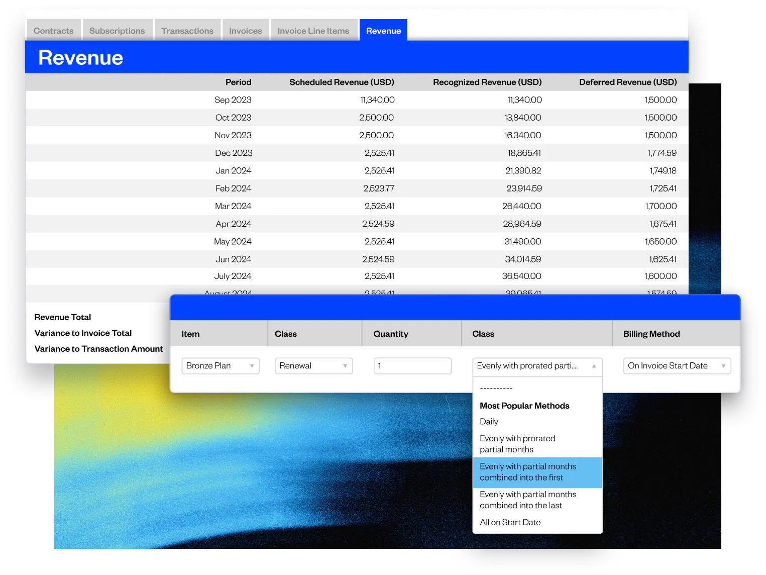 revenue recognition software screenshot with classes and billing methods