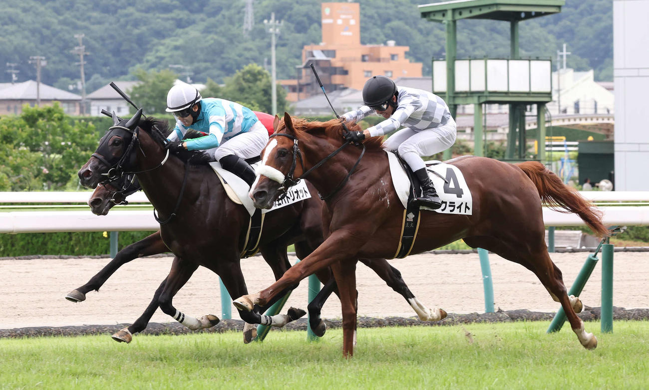 2歳未勝利戦を制したソルエパトリオット（中央）。手前は3着ナクライト（撮影・丹羽敏通）