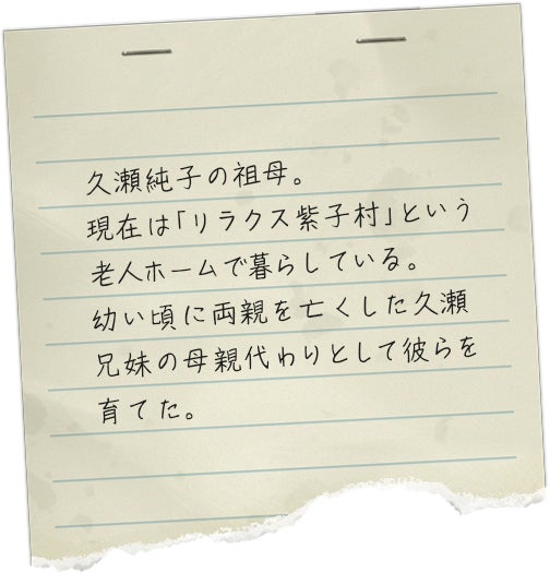 久瀬純子の祖母。現在は「リラクス紫子村」という老人ホームで暮らしている。幼い頃に両親を亡くした久瀬兄妹の母親代わりとして彼らを育てた。