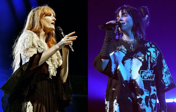 two side by side photos of Florence Welch (left) and Billie Eilish (right) performing live on-stage