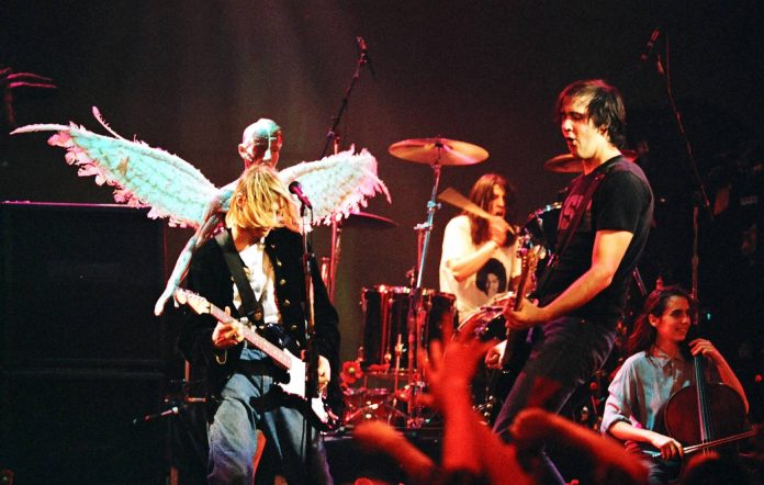 Kurt Cobain, Dave Grohl and Krist Novoselic of Nirvana (Photo by Jeff Kravitz/FilmMagic)