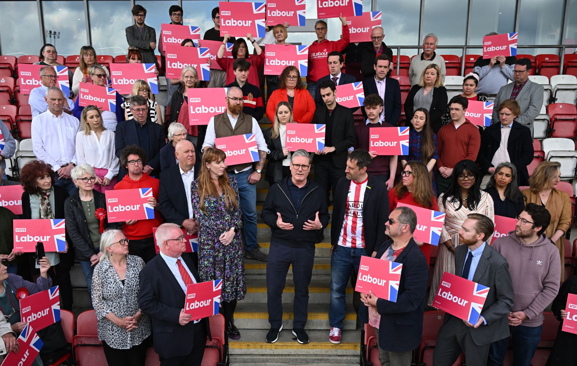 Deputy Labour Leader, Angela Rayner, Labour Party Leader, Sir Keir Starmer and local Labour Party candidate, Chris Vince meet party supporters at Harlow Town Football Club on May 1, 2024