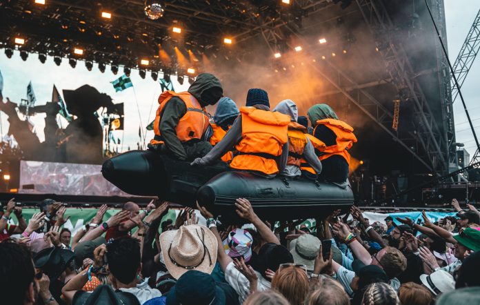 Glastonbury boat float (Photo by Luke Brennan/Redferns)