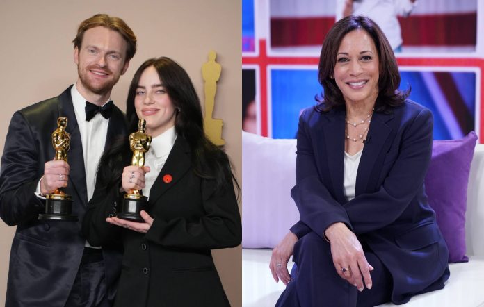 Billie Eilish, Finneas and Kamala Harris. Credit: Jeff Kravitz and Alexander Tamargo via GETTY