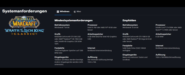 Systemanforderungen World of Warcraft: Wrath of the Lich King Classic für Microsoft Windows
