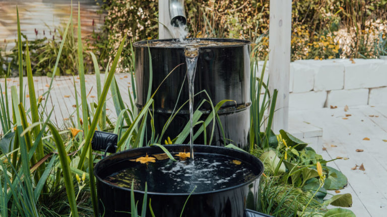 drainpipe flowing into rain barrel