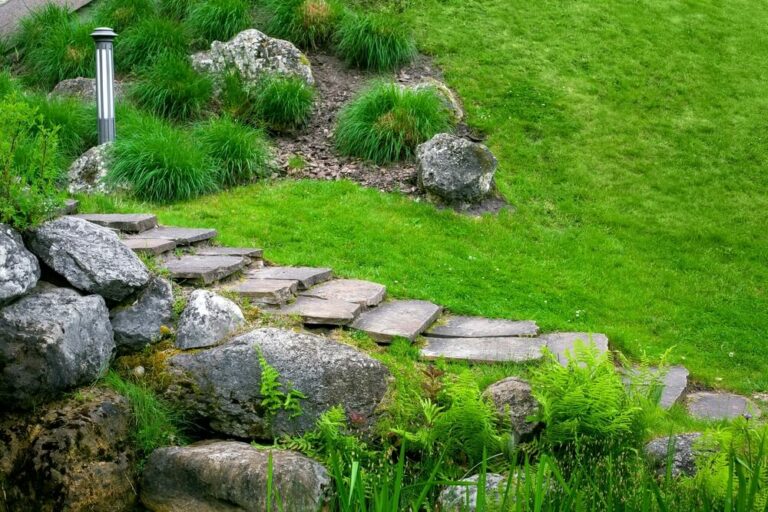 stone staircase made from wild natural stone steps on slope of hill