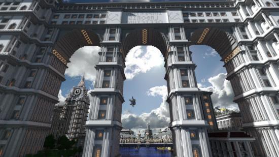 Best Minecraft maps - a steel bridge-like building towers over the city. A clock is pointing at three o'clock.