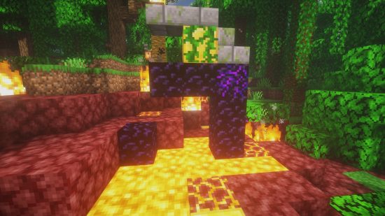 A Minecraft ruined portal in a jungle