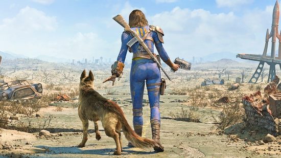 Best Fallout 4 mods: The Wanderer and Dogmeat set off along the open road of the Wasteland in Fallout 4