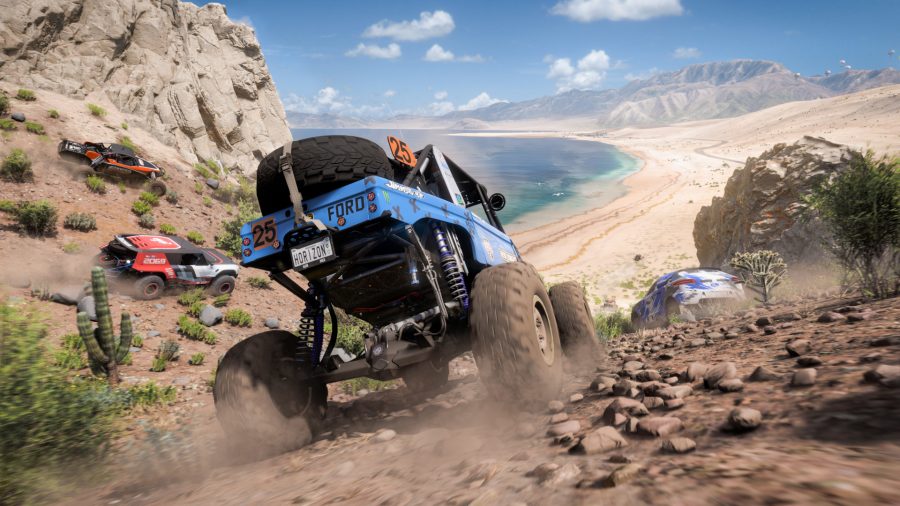 A screenshot from Forza Horizon 5 featuring a couple of buggies driving along a dirt road in Mexico