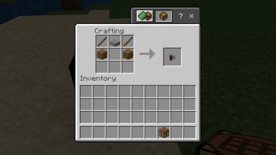 Minecraft grindstone recipe - the recipe for crafting a Minecraft grindstone. It requires two planks, two sticks, and a stone slab.