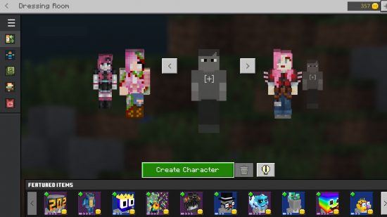 Change Minecraft skin: The Dressing Room character selection screen showing an empty slot next to other pre-loaded avatar skins