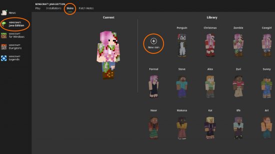 change minecraft skins: The skins tab in the Minecraft Java edition launcher screen showing a number of different skins and the change skin button is highlighted