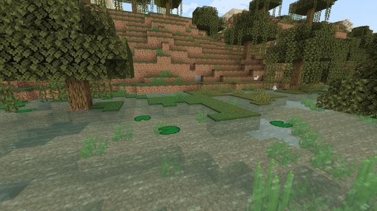 Minecraft biomes - a small lake in the middle of a swamp, complete with lilypads.