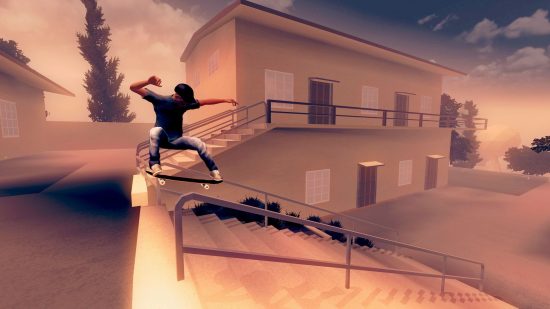 Best skateboard games: grinding the handrail of a staircase in 2D skater Skate City