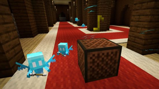 Minecraft allays and note blocks: Two allays hover near a Note Block, while more are in the distance, and blue particles travel from the note block to the surrounding allays, signifying that they have heard the sound