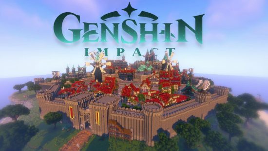 Mondstadt best Minecraft builds: An aerial shot of Genshin Impact's city of Mondstadt, featuring the windmills, Statue of the Seven, and Favonius Cathedral.