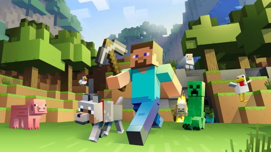 Best survival games: Minecraft. Image shows Steve walking through the woods with a wolf near him, a Creeper behind him, and various monsters in the background.