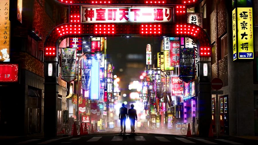 Like a Dragon 8: Silhouettes of Kiryu and Kasuga walking underneath the iconic red Kamurocho gate