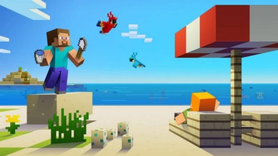 Minecraft console commands - Steve is using water and a spade to make a sandcastle. Alex is lying on a sun lounger in the shade, looking out to the ocean. Two parrots are flying overhead.