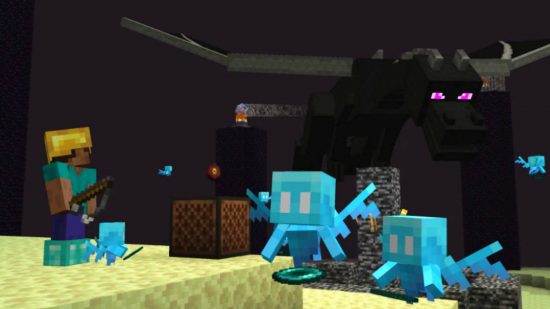 Minecraft console commands: Steve equipped with diamond boots, a gold helmet, and a fishing rod, is using Allays to gather Ender Pearls while listening to his music box. The Ender Dragon is attacking overhead.