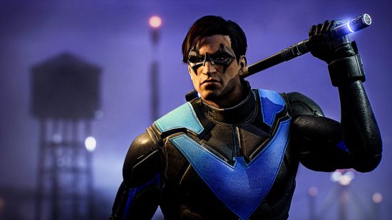 Gotham Knights system requirements: One of the game's playable characters, Nightwing, stands against a purple night sky, with their baton placed on their shoulder