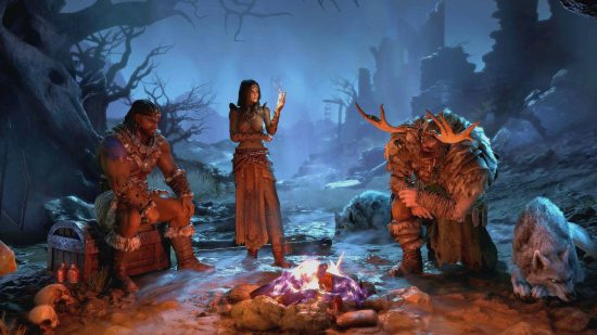 Diablo 4 release date - three of the five revealed characters sitting by a camp fire.