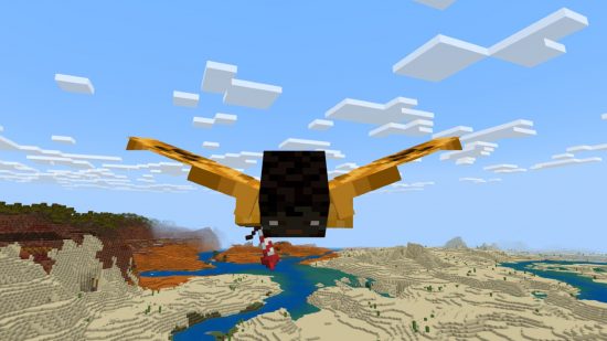 Minecraft capes: A cape design equipped to an elytra, seen as the player flies through the air.
