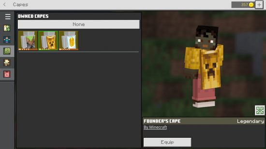 Minecraft capes: the menu for equipping the capes in Minecraft Bedrock edition.